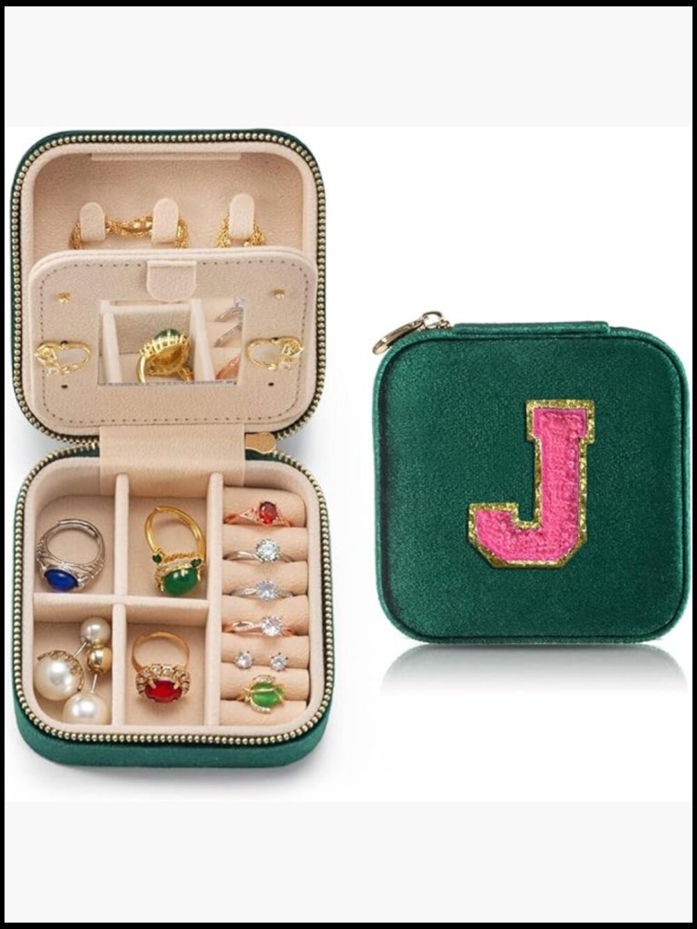 Personalized Velvet Travel Jewelry Case Organizer With Mirror Initial Monogram